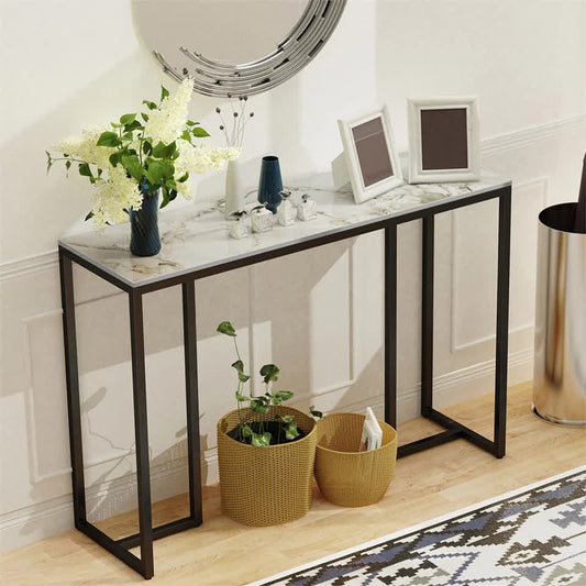 Console table with decorative items in a room setting