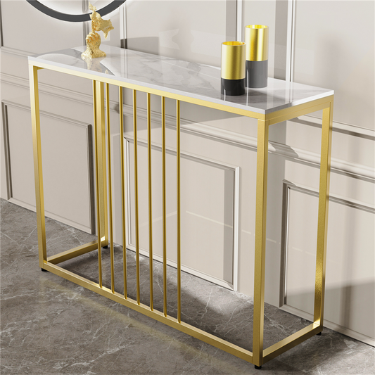 Console table with gold frame and marble top in a room setting