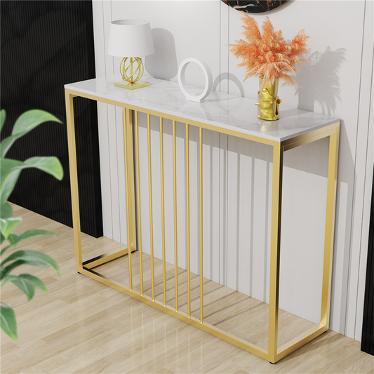 Console table with gold frame and marble top in a room setting