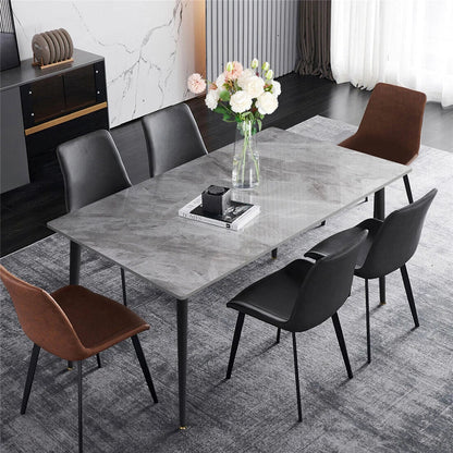 Glossy Gray Rectangular Stone Dining Table With Slim Black Legs