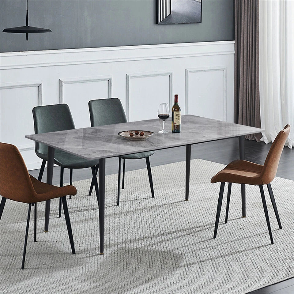 Glossy Gray Rectangular Stone Dining Table With Slim Black Legs