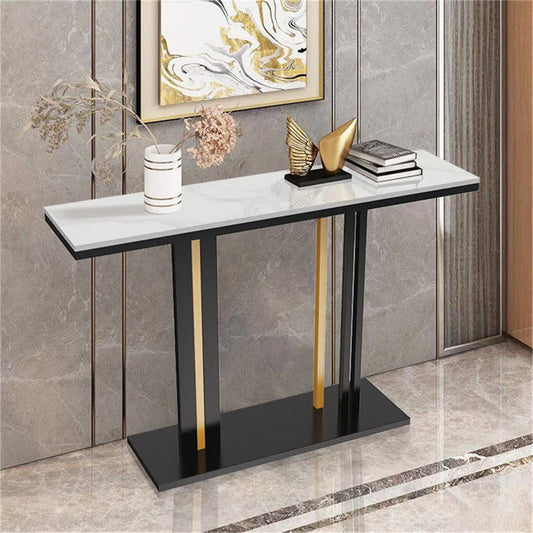 Console table with marble top and gold accents in a room setting
