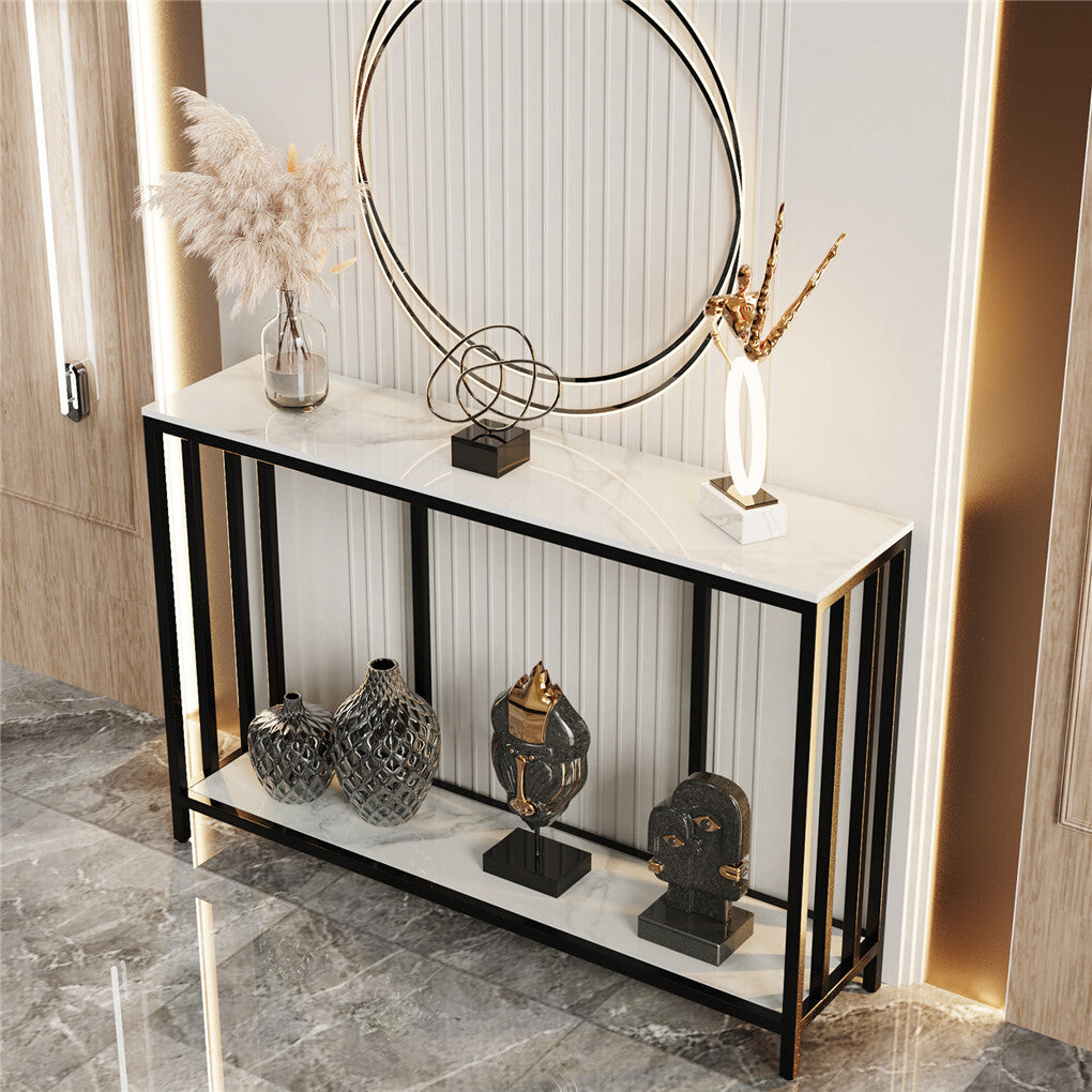 Console table with decorative items in a modern interior setting