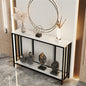 Console table with decorative items in a modern interior setting