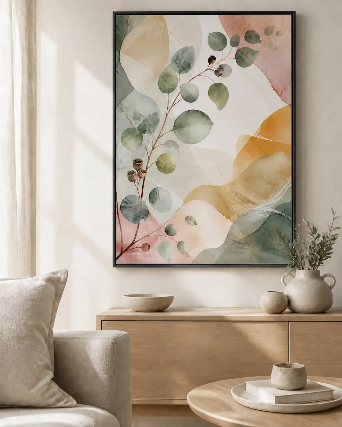 Eucalyptus Reverie Floating Frame Canvas Wall Art - Portrait - 60W x 120H cm - Natural Birch