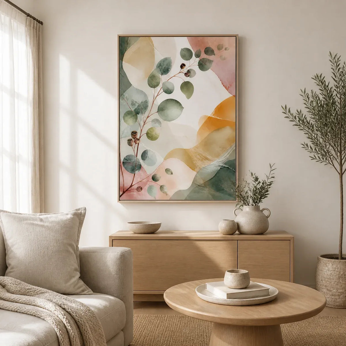 Eucalyptus Reverie Floating Frame Canvas Wall Art - Portrait - 60W x 80H cm - Natural Birch