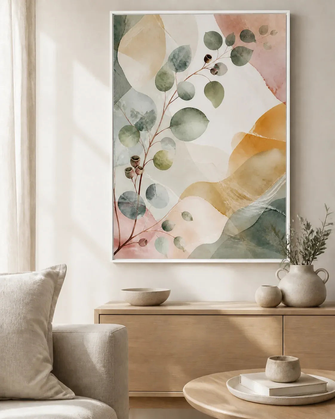 Eucalyptus Reverie Floating Frame Canvas Wall Art - Portrait - 60W x 80H cm - Natural Birch