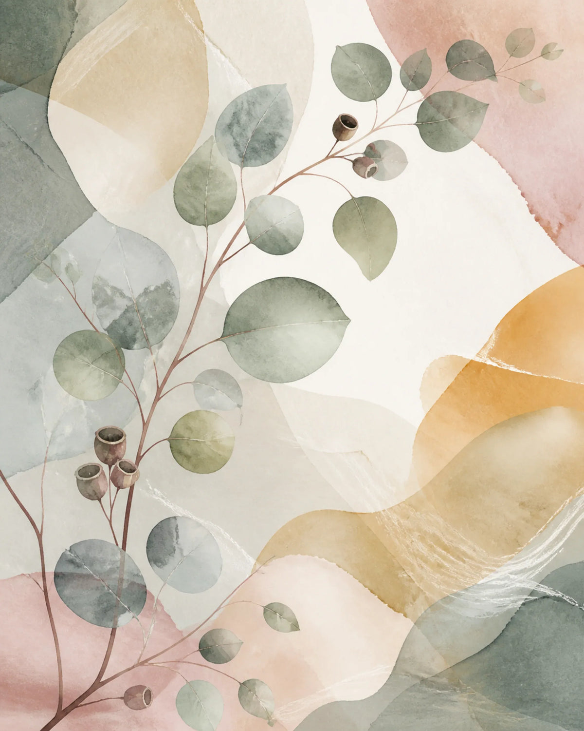 Eucalyptus Reverie Floating Frame Canvas Wall Art - Portrait - 60W x 80H cm - Natural Birch