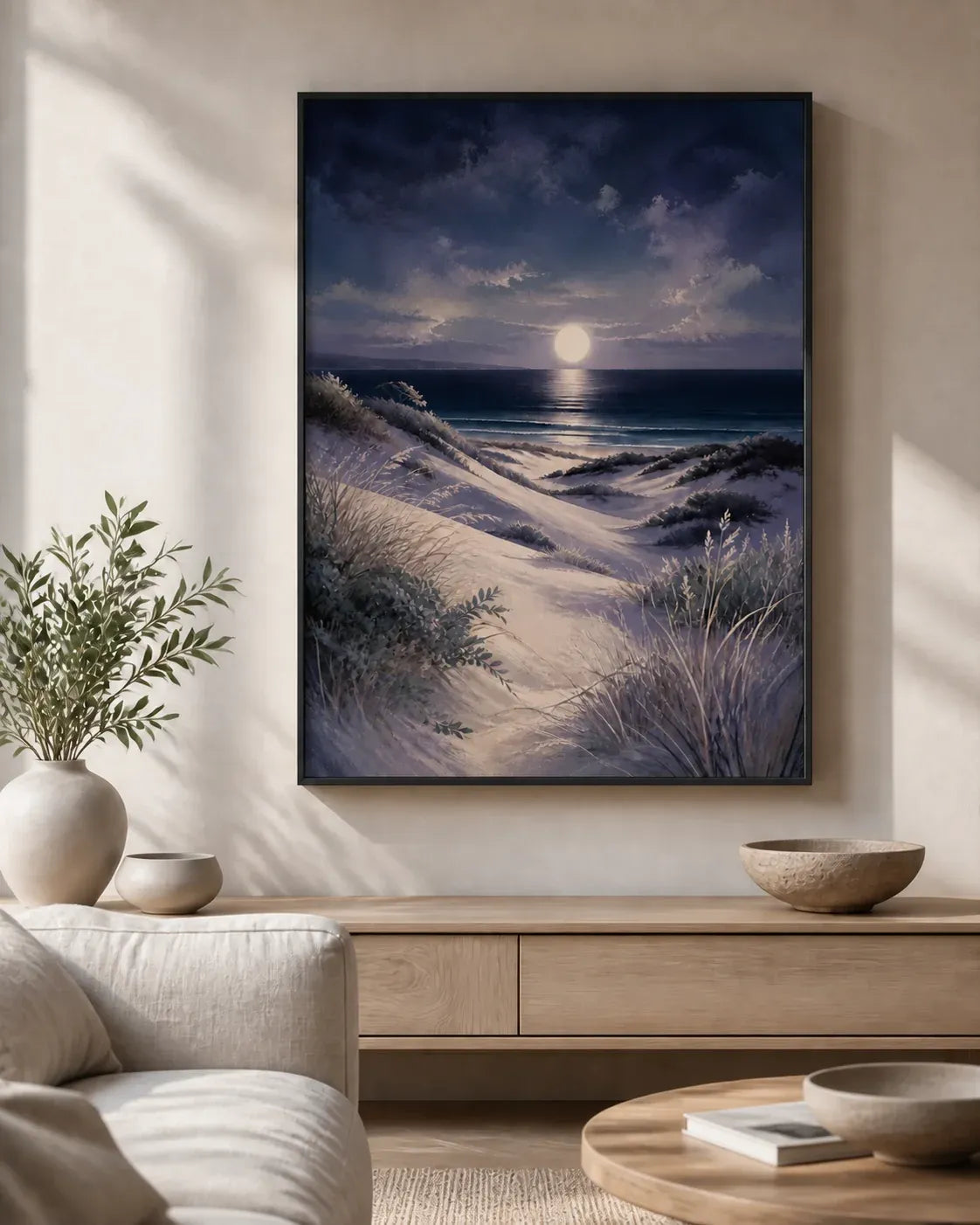 Moonlit Dunes Floating Frame Canvas Wall Art - Portrait - 60W x 120H cm - Natural Birch