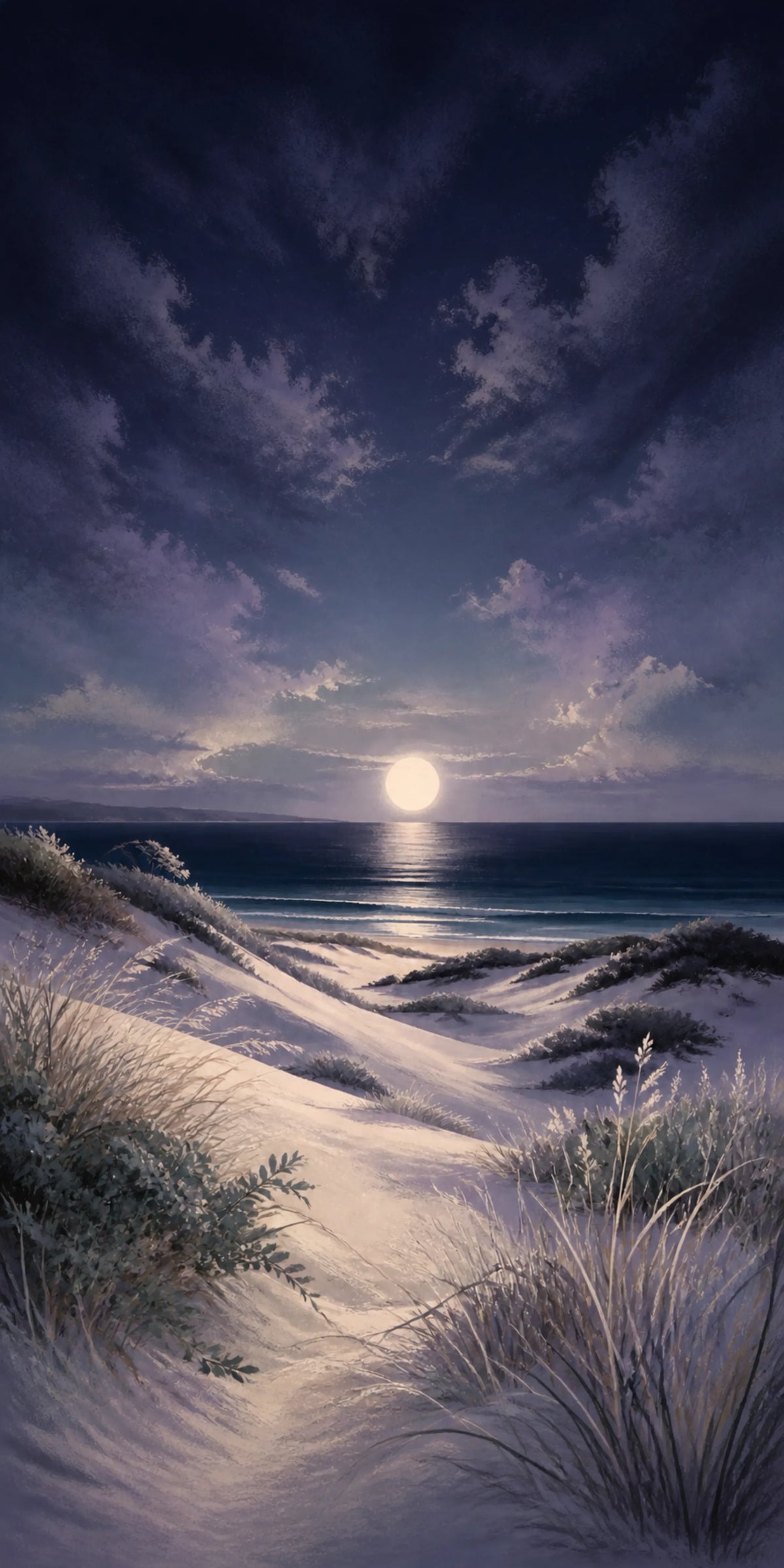 Moonlit Dunes Floating Frame Canvas Wall Art - Portrait - 60W x 120H cm - Natural Birch