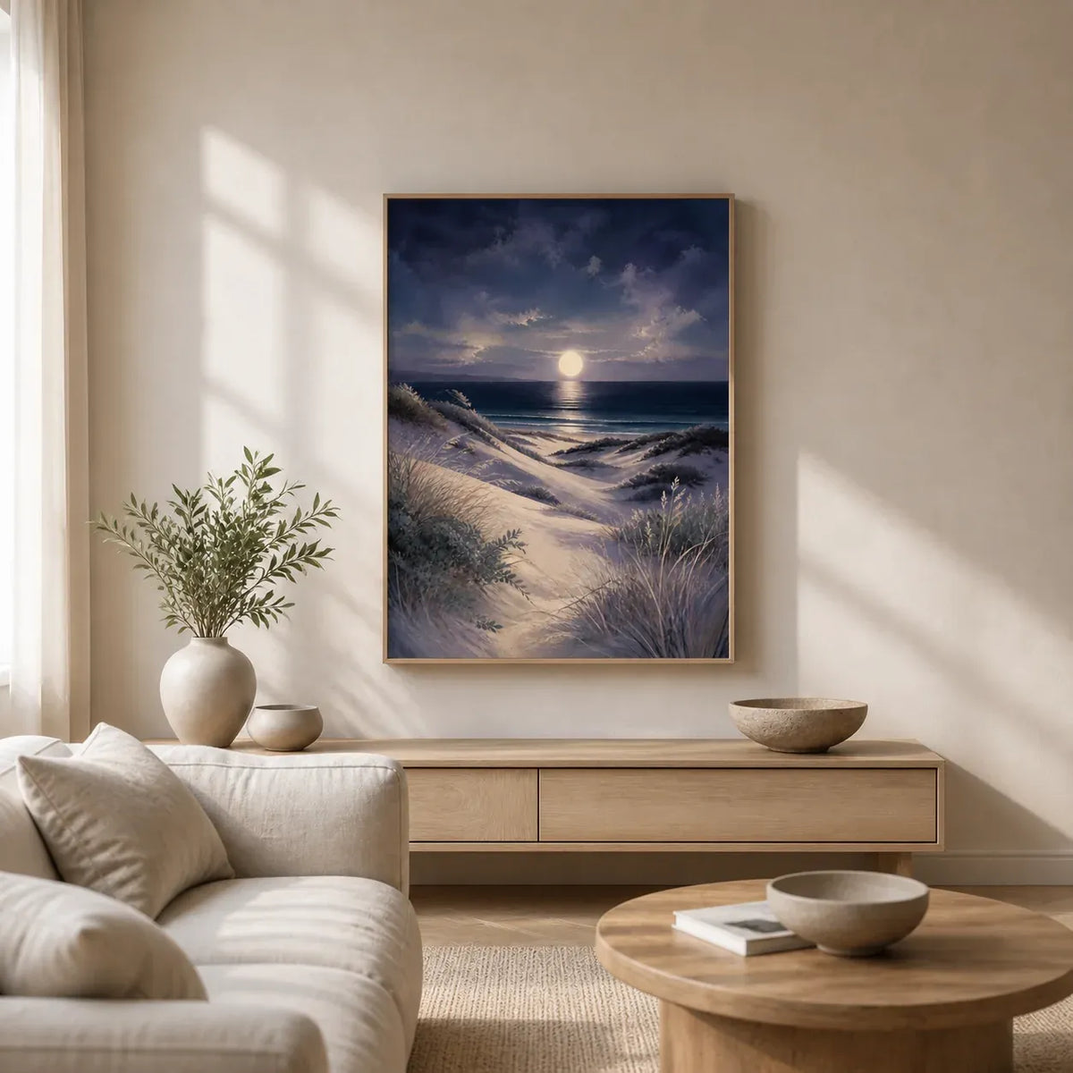 Moonlit Dunes Floating Frame Canvas Wall Art - Portrait - 60W x 80H cm - Natural Birch