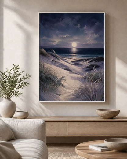 Moonlit Dunes Floating Frame Canvas Wall Art - Portrait - 60W x 80H cm - Natural Birch