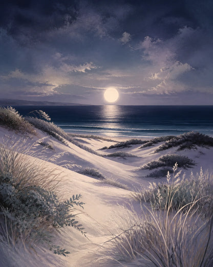 Moonlit Dunes Floating Frame Canvas Wall Art - Portrait - 60W x 80H cm - Natural Birch