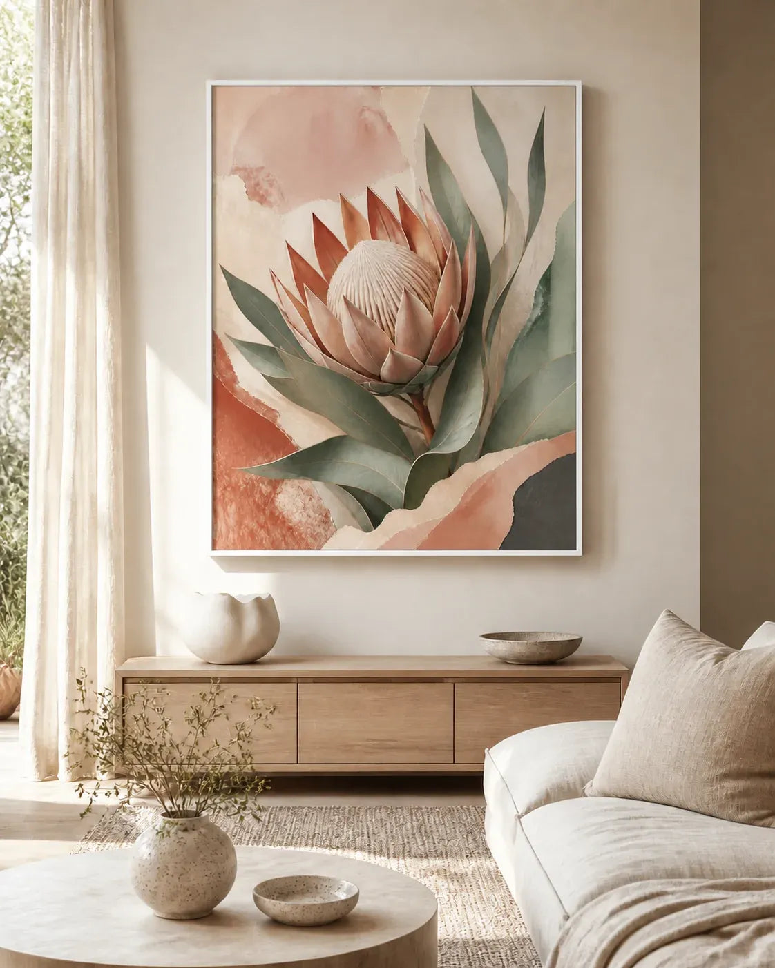Protea Hush Floating Frame Canvas Wall Art - Portrait - 60W x 120H cm - Natural Birch