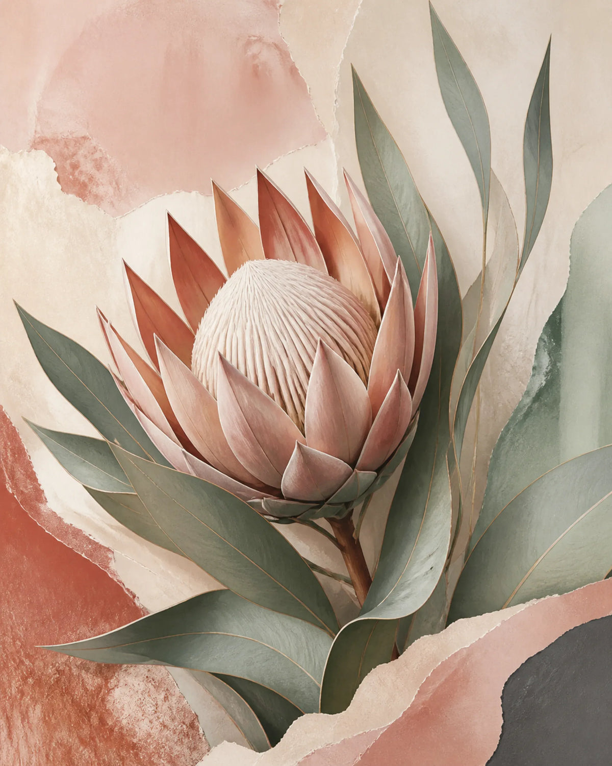 Protea Hush Floating Frame Canvas Wall Art - Portrait - 60W x 120H cm - Natural Birch