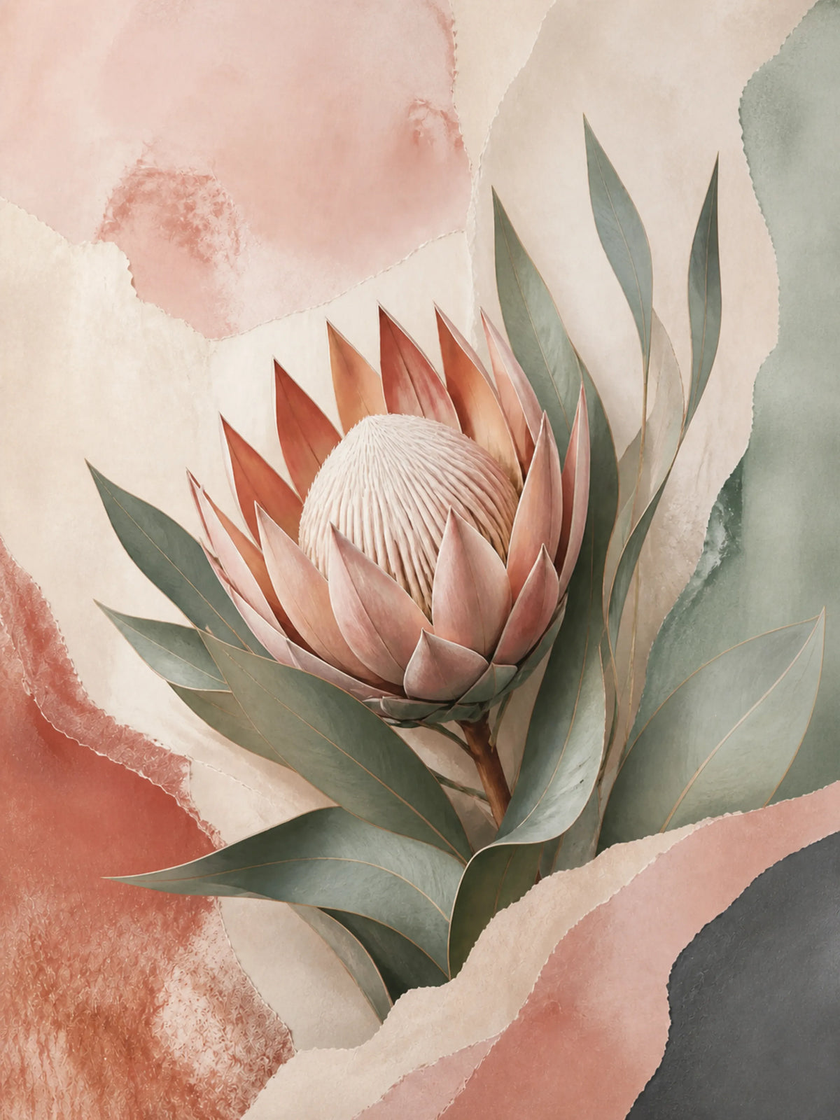Protea Hush Floating Frame Canvas Wall Art - Portrait - 60W x 120H cm - White