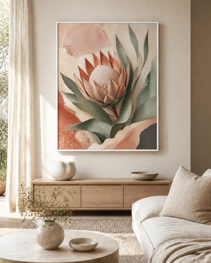Protea Hush Floating Frame Canvas Wall Art - Portrait - 60W x 80H cm - Natural Birch