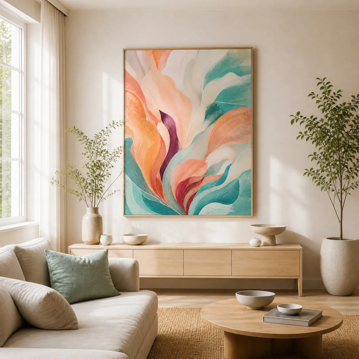 Tidal Bloom Floating Frame Canvas Wall Art - Portrait - 60W x 120H cm - Natural Birch