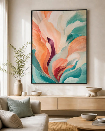 Tidal Bloom Floating Frame Canvas Wall Art - Portrait - 60W x 120H cm - Natural Birch