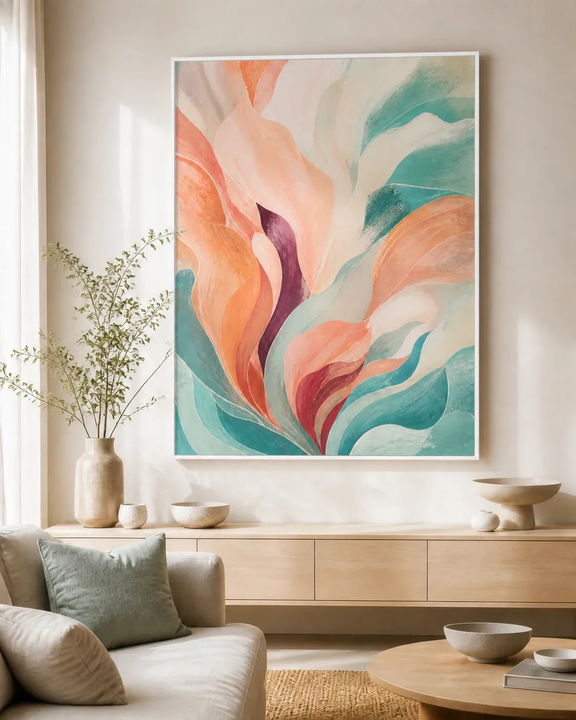 Tidal Bloom Floating Frame Canvas Wall Art - Portrait - 60W x 120H cm - Natural Birch