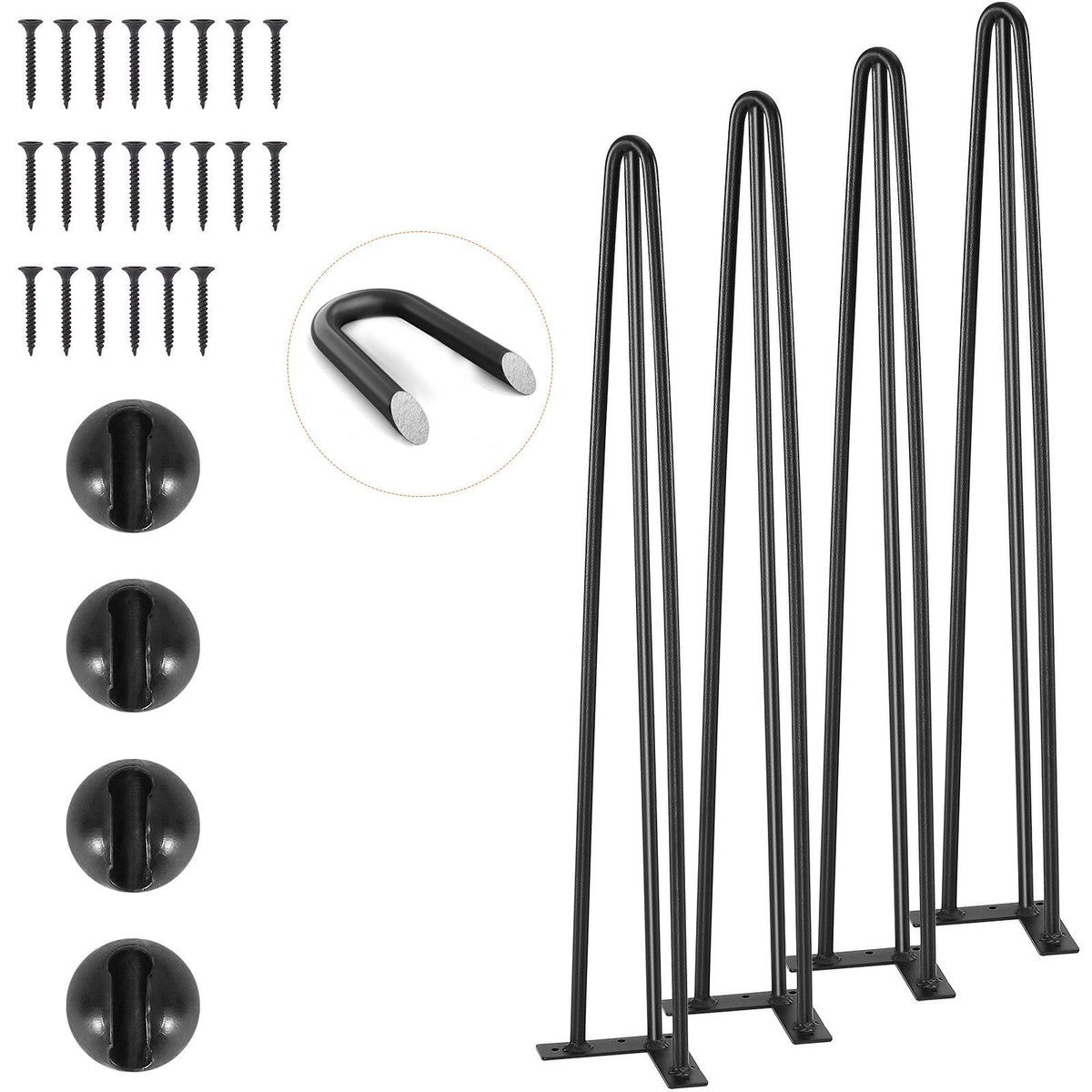 Hairpin Table Legs 28 Inch Set of 4, Heavy Duty 3-Rod Steel Desk Legs with 900 lbs Load Capacity, Carbon Steel Furniture Legs with Rubber Floor Protectors for Desk, Bench, Dining Table, Black