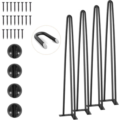 Hairpin Table Legs 28 Inch Set of 4, Heavy Duty 3-Rod Steel Desk Legs with 900 lbs Load Capacity, Carbon Steel Furniture Legs with Rubber Floor Protectors for Desk, Bench, Dining Table, Black