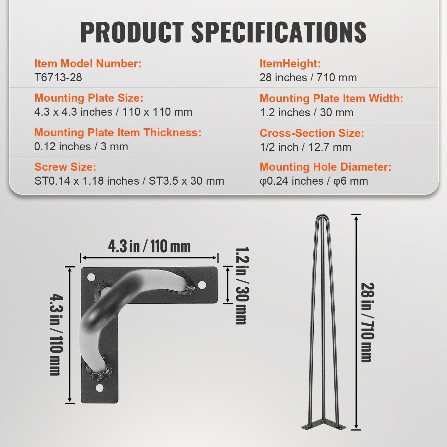 Hairpin Table Legs 28 Inch Set of 4, Heavy Duty 3-Rod Steel Desk Legs with 900 lbs Load Capacity, Carbon Steel Furniture Legs with Rubber Floor Protectors for Desk, Bench, Dining Table, Black