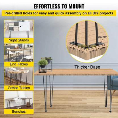 Hairpin Table Legs 28 inch Black Set of 4 Desk Legs Each 220lbs Capacity Hairpin Desk Legs 3 Rods for Bench Desk Dining