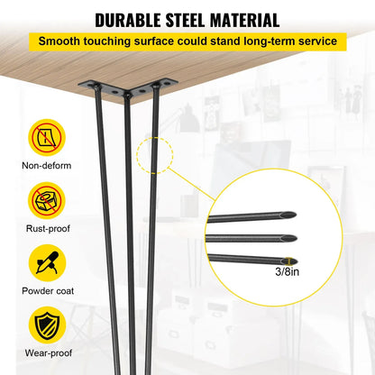 Hairpin Table Legs 28 inch Black Set of 4 Desk Legs Each 220lbs Capacity Hairpin Desk Legs 3 Rods for Bench Desk Dining