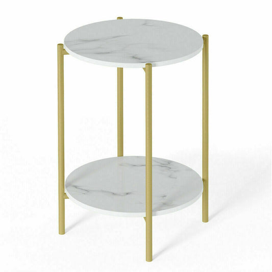 Round side table with marble top and gold legs on a white background