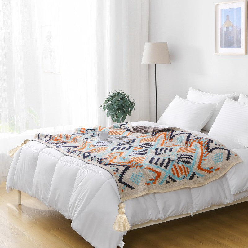 130x170cm Bohemian Woven Throw Blanket - Soft Decorative Sofa Cover with Tassels for Living Room and Bedroom - Home &