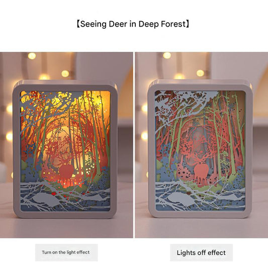 Deer in the Deep Forest 3D Paper Carving Night Light - USB Or Battery Powered Decorative Bedside Lamp | Atmosphere Lamp