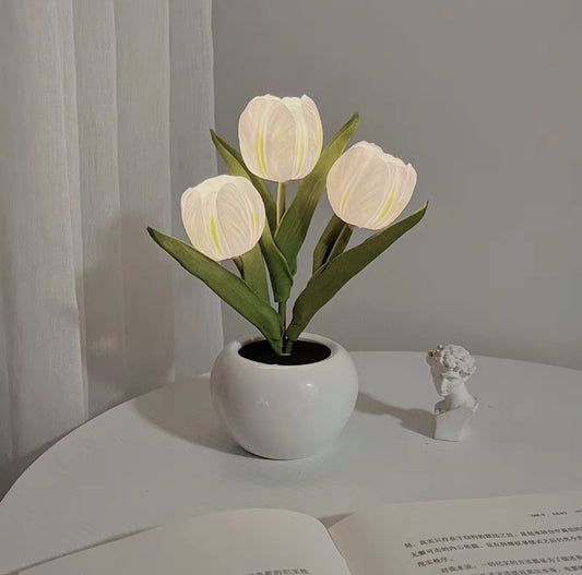 White Flowers USB Tulip Night Light - Bedroom Decor Table Lamp with PU Flowers & Ceramic Pot Perfect Gift for Family &