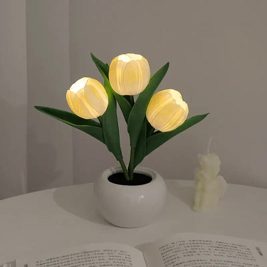 Yellow Flowers USB Tulip Night Light - Bedroom Decor Table Lamp with PU Flowers & Ceramic Pot Perfect Gift for Family &