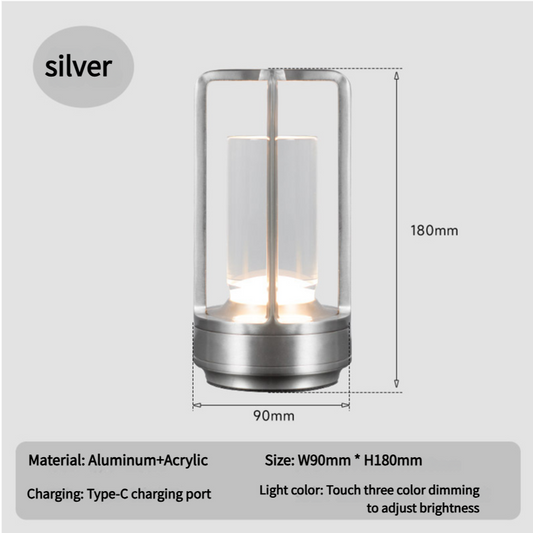 Silver Rechargeable Table Lamp - Touch Dimming 3-Color LED Light for Bedroom and Office - Home & Garden > Lighting >