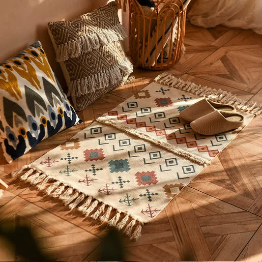 Handwoven Cotton Tassel Floor Rug for Bedroom or Living Room|Soft Modern Geometric Design,60x90cm - Home & Garden >