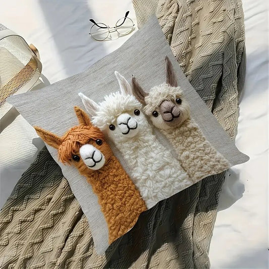 4-PCS Vintage Alpaca Friends Decorative Pillow Covers - Single-Sided Print, 45x45cm