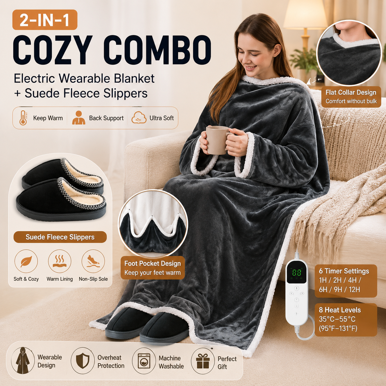 Wearable Electric Heated Blanket with Foot Pocket 127x177cm and Suede Fleece Slippers Set AU 13-14, Winter Warm Home Comfort Bundle