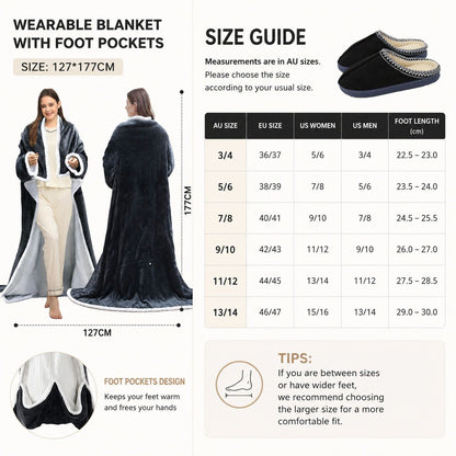 Wearable Electric Heated Blanket with Foot Pocket 127x177cm and Suede Fleece Slippers Set AU 13-14, Winter Warm Home Comfort Bundle