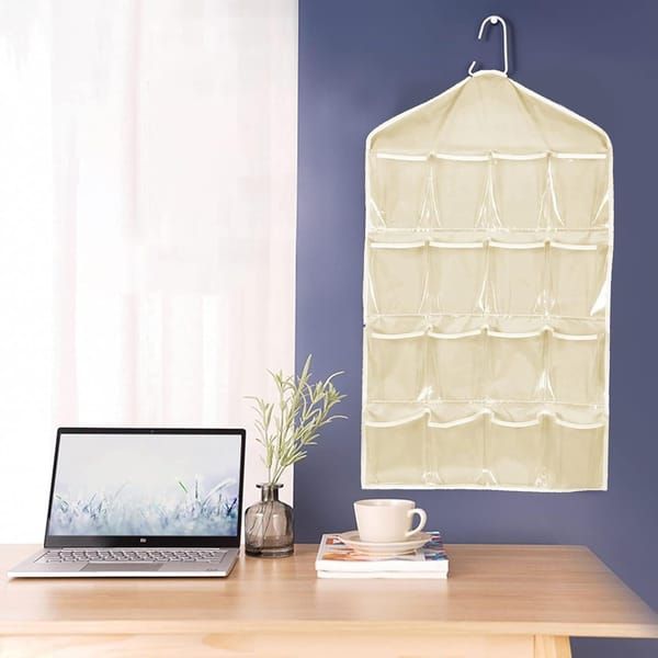 4 Pack Beige Hanging Closet Organizer, Portable 16 Pockets Behind the Door Storage Bag for Underwear, Socks & Small Accessories