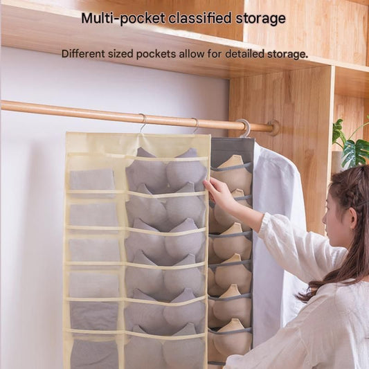 Beige Double-Sided Hanging Underwear Organizer（12 pockets on the front + 18 pockets on the back） - Breathable Non-Woven Mesh Storage Bag with Multiple Pockets for Bras Socks Panties, Washable Closet Space Saving Solution, Odourless and Durable