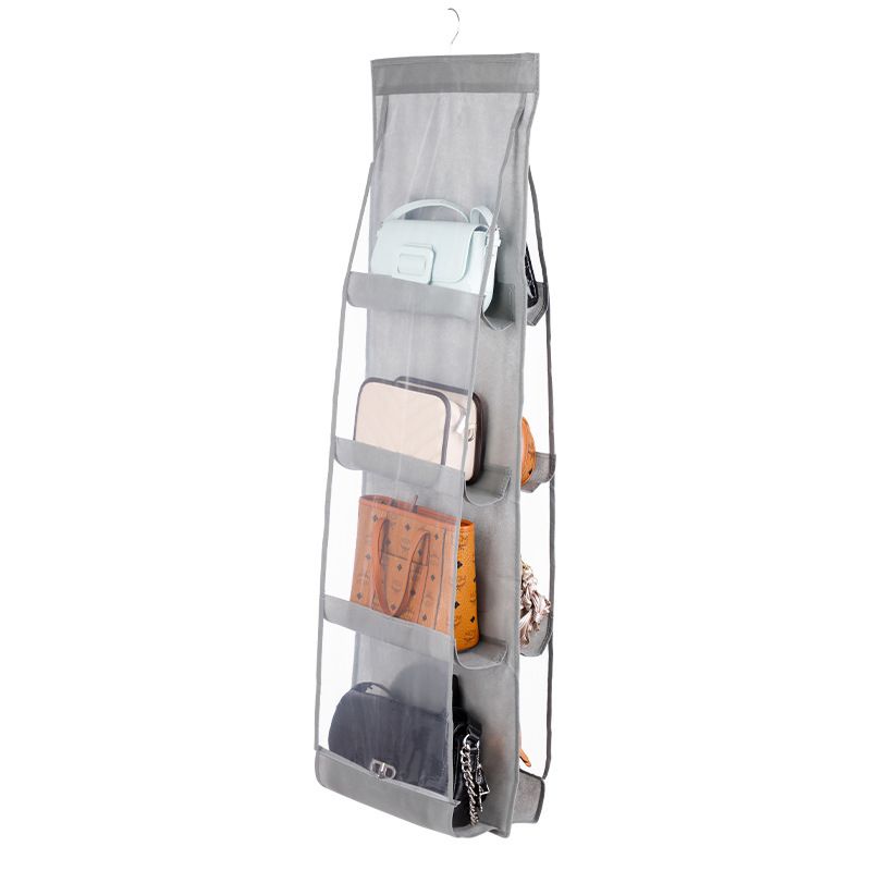 Grey 8-compartment Hanging Handbag Organizer - Double-Sided Non-Woven PVC Storage Bag with Transparent Pockets - Space-Saving Wardrobe Closet Hanger for Purses and Accessories