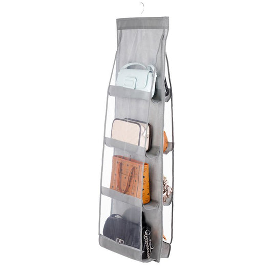 Grey 8-compartment Hanging Handbag Organizer - Double-Sided Non-Woven PVC Storage Bag with Transparent Pockets - Space-Saving Wardrobe Closet Hanger for Purses and Accessories