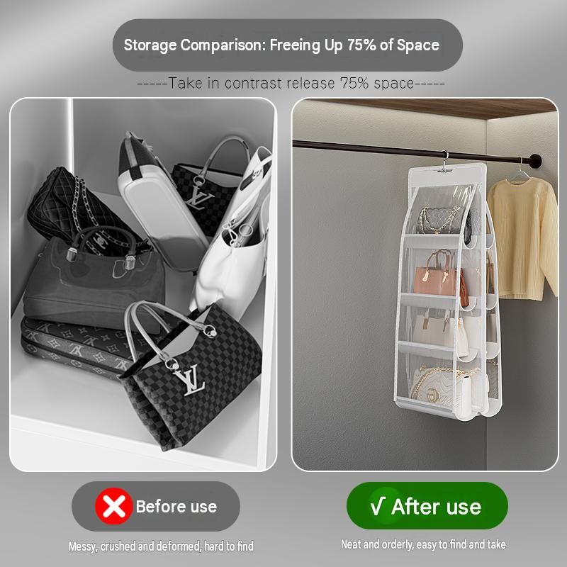 Grey 8-compartment Hanging Handbag Organizer - Double-Sided Non-Woven PVC Storage Bag with Transparent Pockets - Space-Saving Wardrobe Closet Hanger for Purses and Accessories
