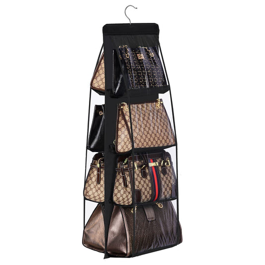 Black 8-compartment Hanging Handbag Organizer - Double-Sided Non-Woven PVC Storage Bag with Transparent Pockets - Space-Saving Wardrobe Closet Hanger for Purses and Accessories
