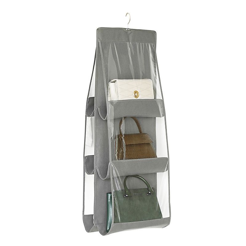 Grey 6-compartment Hanging Handbag Organizer - Double-Sided Non-Woven PVC Storage Bag with Transparent Pockets - Space-Saving Wardrobe Closet Hanger for Purses and Accessories