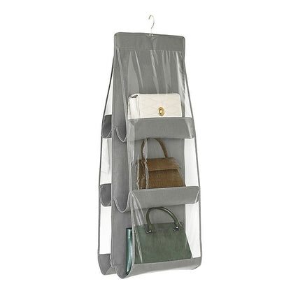 Grey 6-compartment Hanging Handbag Organizer - Double-Sided Non-Woven PVC Storage Bag with Transparent Pockets - Space-Saving Wardrobe Closet Hanger for Purses and Accessories
