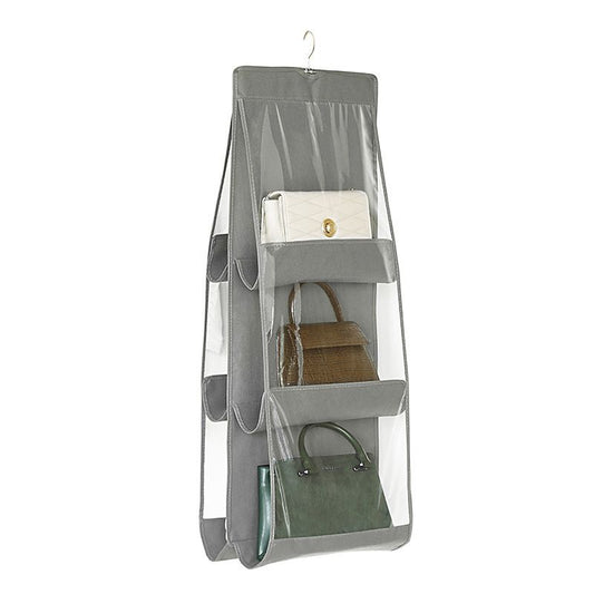 Grey 6-compartment Hanging Handbag Organizer - Double-Sided Non-Woven PVC Storage Bag with Transparent Pockets - Space-Saving Wardrobe Closet Hanger for Purses and Accessories