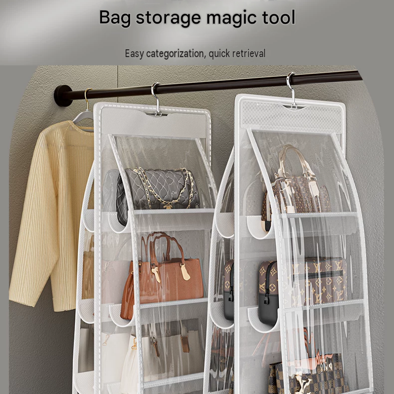 Grey 6-compartment Hanging Handbag Organizer - Double-Sided Non-Woven PVC Storage Bag with Transparent Pockets - Space-Saving Wardrobe Closet Hanger for Purses and Accessories