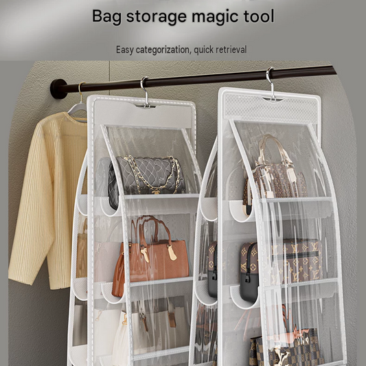 Grey 6-compartment Hanging Handbag Organizer - Double-Sided Non-Woven PVC Storage Bag with Transparent Pockets - Space-Saving Wardrobe Closet Hanger for Purses and Accessories